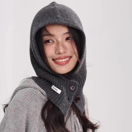 Lou & Rae 100% Wool Button Balaclava Neck Warmer Hooded Scarf Winter Knit Hat for Hiking & Golf Running Mask Mocha
