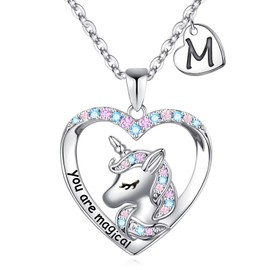 Hidepoo Gifts Jewelry - Unicorn Necklace, 14K White Gold Plated CZ Heart Pendant Unicorn Jewelry Necklace M Initial Heart Unicorn Necklace Heart Necklace Jewelry Birthday Gifts Unicorns Gifts