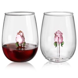 Pumtus Set of 2 Stemless Wine Glassware with Rose Inside, 20 OZ Large Stemless Floral Wine Glasses, Unique Short Wine Tumbler, Romantic Fancy No Stem Beverage Cup for Lover Gift, Wedding, Bar