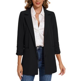MINTLIMIT Women’s Long Blazer Lightweight with 3/4 Ruched Sleeves 2-Button Closure and Front Besom Pockets (Black L)