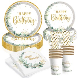Komicea Birthday Decoration Party Tableware Set, Eucalyptus Paper Plates 100 Pieces for 20 Guests, Happy Birthday Decoration Women, Green Party Tableware Set for Girls Boys Children's Birthday