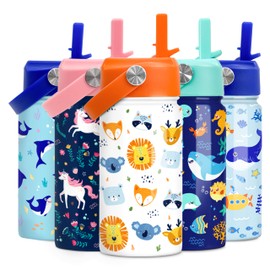 Kids Water Bottle with Straw Lid - 12 Oz Insulated Stainless Steel Animal Water Bottles for Toddlers Kid Boys Girls - Travel Cup for School Sports