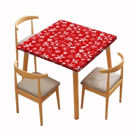 Christmas Square Fitted Floral Tablecloths, Christmas Bells Elastic Edge Home Decor Table Cover Splashproof Fabric Polyester Tablecloth For Family Living Room Kitchen Use, Fits 36x36 Inch Square Table