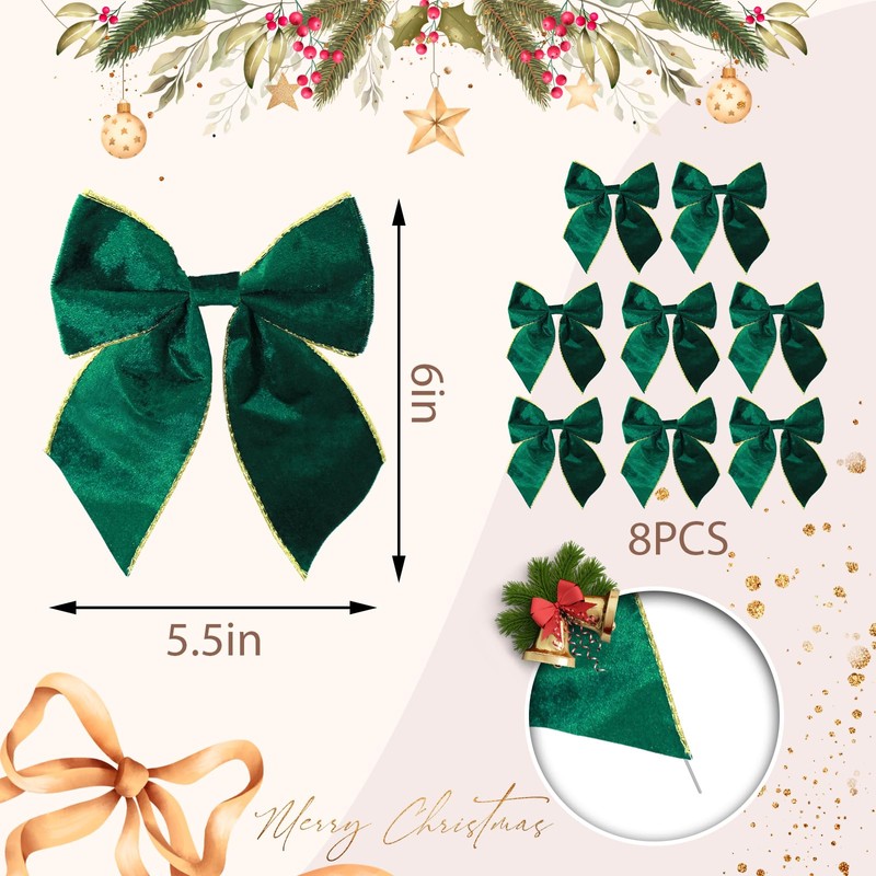 8 Pcs Christmas Wreath Bows for Front Door, Green Velvet
