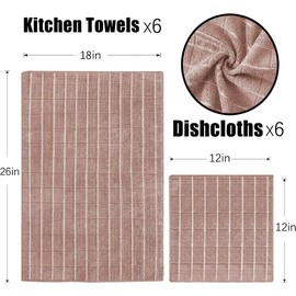 Puomue Microfiber Kitchen Towels and Dishcloths Set, 26 X 18 Inch and 12 X 12 Inch, Set of 12 Bulk Lint Free Dish Towels for Drying Dishes, Camel