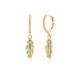 SAINT RAPHAËL Gold Huggie Hoop Earrings with Feather Dangle Charm, 18k Gold Plated Sterling Silver and Crystal Cute Hoops for Women, for Girls, Hypoallergenic (Gold + Crystal)