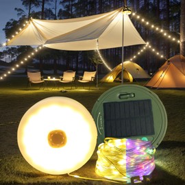 Olizurch Camping String Lights Solar USB Rechargeable, Retractable String Lights Camping 4 in 1 Led Roll Up Waterproof Outdoor Hanging Fairy Lights 33FT with 8 Modes for Tent Garden Party Festival