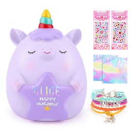 TCJJ Children's Piggy Bank, Unicorn Money Box for Girls, Money Box for Children, 2 Alphabet & 2 Rhinestone Stickers & Unicorn Bracelet Set, Girls Unicorn Gifts for Birthday, Christmas