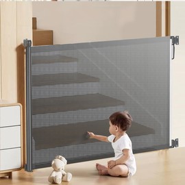 Retractable Baby Gate,Pet Proof Gate Indoor,Punchable/Latex,Mesh Baby Gate for Cats/Small Dogs,Child Safety Gate for Doorways,Stairs,Hallways,Indoor/Outdoor,33" Tall,Extends up to 55'' Grey