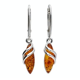 Enwrapped Teardrop Baltic Honey Orange Amber Lever Back Sterling Silver Dangly/Dangle Drop Earrings for Women Ladies Girls - Fancy Art Deco Earrings. 070346