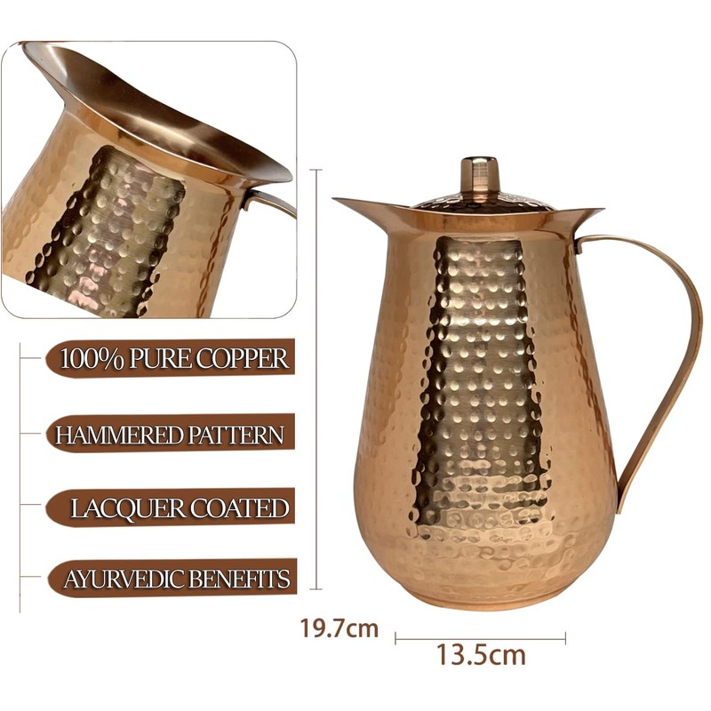 BOLD & DIVINE 2 Liter Copper Pitcher, Hand Hammered, Classic,