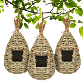 Gute Hummingbird Houses for Outside Hanging, Natural Grass Hanging Bird Hut, Hand Woven Hummingbird Nest, Large Wren Finch Bird House for Garden Window Outdoor Home Decoration, 3 Pack