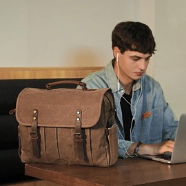 Vintage Mens Messenger Bag 15.6 inches Waterproof Genuine Leather Waxed Canvas Satchel Shoulder Bag Briefcase Laptop Bag with Charging,Headset Port,Brown