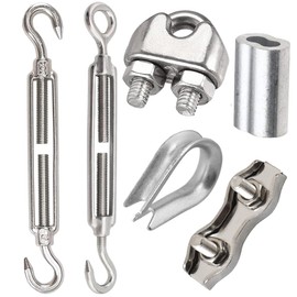 Leaum Pack of 30 Turnbuckles M5 Wire Tensioner Set with Stainless Steel Turnbuckle M5, Wire Rope Clamp 3 mm Stainless Steel, Wire Rope Thimbles 3 mm and Press Clamp 3 mm Aluminium for Tightened Rope