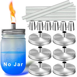 Aikeve Mason Jar Tabletop Torches Kits,6 Pack Regular Mouth Lids with Protective Tube,Long Life Fiberglass Wicks and Caps,Outdoor Oil Lamp Lights for Patio Garden Camping Decor(Silver)