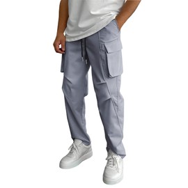 WZIKAI Men's Casual Cargo Pants Elastic Waist Drawstring Joggers Pants Athletic Techwear Jogging Sweatpants with Pockets Grey L