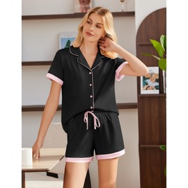 Ekouaer Womens Button Down Pajamas Set Color Block Short Sleeve Sleepwear Summer Soft 2 Piece Lounge Sets Black, Small