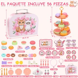 Nasjac Juego de Té para Niñas, 56 Piezas Juguete de Postre Fiestas Té, Comida de Cocina Juguete con 6 Piezas Princesa Vestirse, Tetera de Hojalata, Postres y Maletín de Transporte para 4+ Años Niños