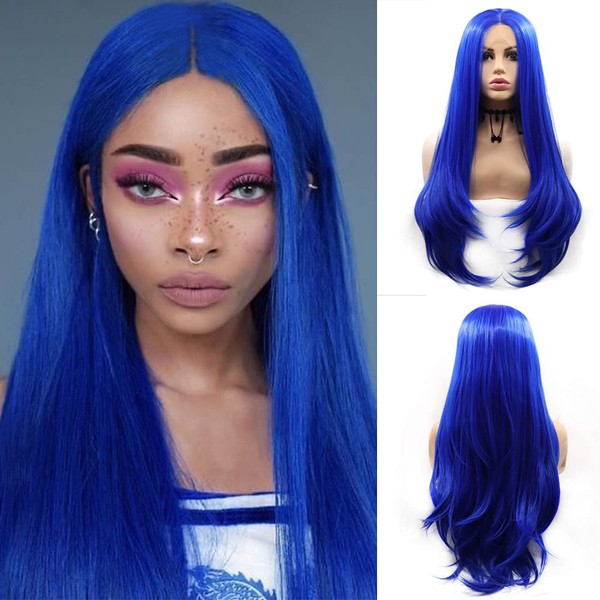 Angle Lucky Blue Lace Front Wig Long Straight Navy Blue Middle Part Wig Synthetic Blue Glueless Replacement Wig Heat Resistant Fiber Cosplay Party Makeup Soft Wigs