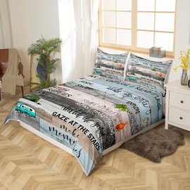 Erosebridal Camping Rules Duvet Cover Camper Bedding Set Twin Size for Kids Child,Rustic Cabin Comforter Farmhouse Style Decor Quilt Vintage Wooden Plank Happy