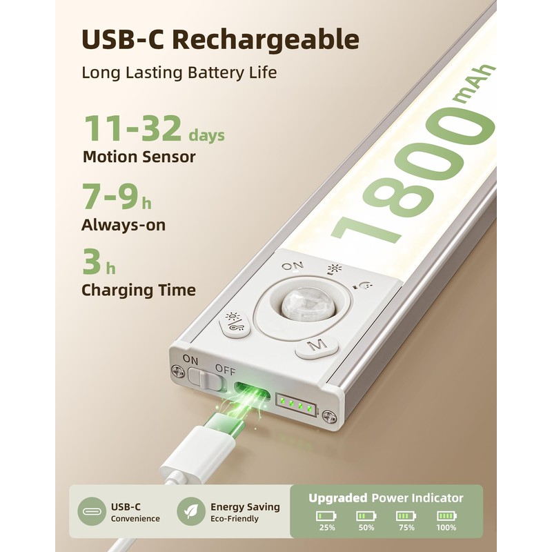EZVALO Under Cabinet Lighting Wireless, 8'' 1800mAh Rechargeable Closet Light,