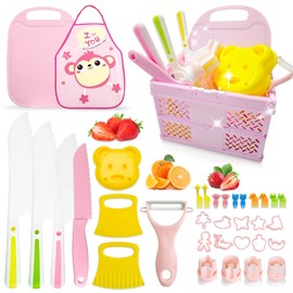35pcs Kids Knife Set for Real Cooking , Kids Kitchen Set with Foldable Basket ＆ Apron ,Toddler Baking Kitchen Tools， Montessori Toys for 4 5 6 7 8 9 10 Year Old Girls Birthday Gifts, Toddler Knife Set
