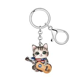 DUOWEI Acrylic Cute Patriotic Cat Keychain Key Ring 4th of July Outfit for Women Cat Mom Kitten Pet Lovers Gifts Accessories (Grey)