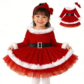 VNGOLERRY Kids Christmas Dress, Santa Costume, Christmas Dress, Cosplay, For Kids, Girls, Long Sleeve, Tulle Skirt, With Headband Included, Ribbon, Brushed, Warm, Fluffy, Cute, Costume Present for 1