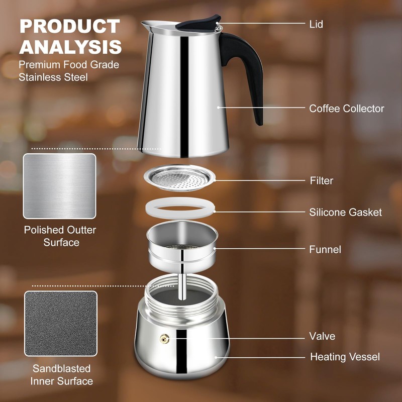 DITOSH 2 Cup Stovetop Espresso Maker Stainless Steel Moka Pot