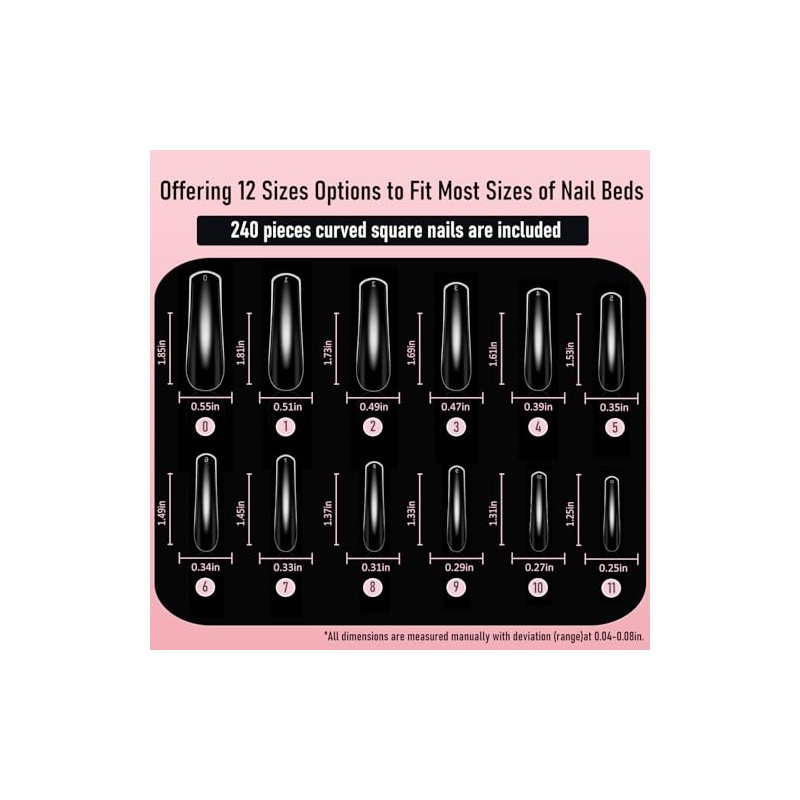 Uñas postizas cuadradas curvas Wellquinn, cobertura total, extra curvas, transparentes,