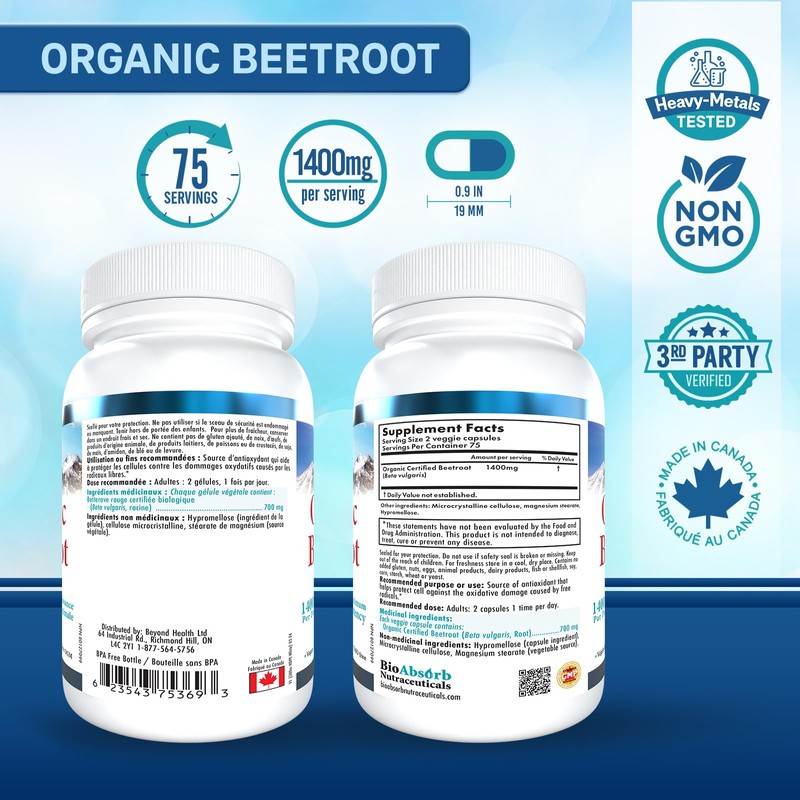 Organic Beet Root Supplement - 150 Beetroot Capsules, 1400mg/Serving (700mg
