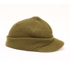 SESSLER Jeep Cap, 100% Wool, WW2 Replica, Knit Hat with Brim, Jeep Cap, Watch Cap, Military Khaki