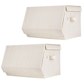 i BKGOO Set of 2 Stackable storage bins,Linen Fabric Foldable Storage Organizer Cubes Box whits Lids and Own-Handle Storage Organizer Bins for Home Office Nursery Living Room Beige 15x10.5 x10inch