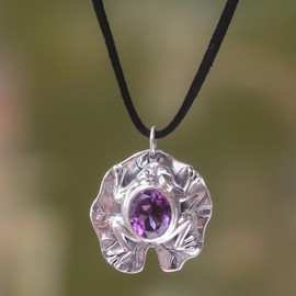 NOVICA Artisan Handmade Amethyst Pendant Necklace Artisan Crafted Frog Sterling Silver Purple Indonesia Orchid Animal Themed Birthstone [cord 18.5 in L 3 mm W Pendant(s) 1.3 in L x 1 in W x 0.3 in D]