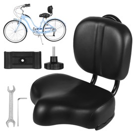 Bike Seat with Backrest - Oversized Bicycle Saddle with Back Support, Universal Wide Bike Padded PU Cushion Saddle for Tricycle, Height Adjustable, Black