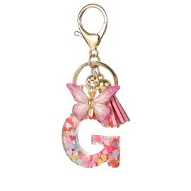 Fashion Alphabet Initial Letter Keychain Tassel Butterfly Pendant Key Ring (Pink, One size)