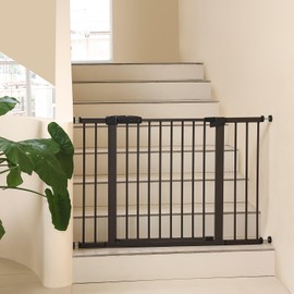 29"-57" Baby and Pet Safety Gate, 30" Tall Metal Walk-Thru Gate for Doorways & Stairs, Easy One-Hand Open, Dual Lock, Extensions & Wall Mounts Included (Brown, 29"-46" W x 30.5“H)