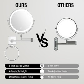 10x Large Wall Mounted Makeup Mirrror, Height Adjustable Lighted Mirror, 8" Double Sided Mirror, 1X/10X Magnifying Bathroom Mirror, 360° Rotation Adjustable, Detachable Ring, 3 Color Lights