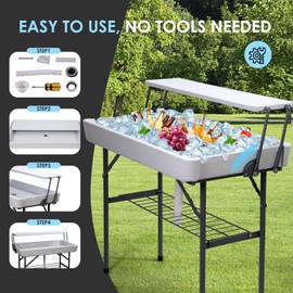 CDEN 4 ft Ice Cooler Table, Two-Tier Outdoor Folding Ice Table, Portable Cooler Tables, with Sink and Drain, Shelf, Detachable Skirt, for Parties, Picnics, Camping, Weddings, BBQs (White)