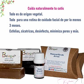 Kit seca granos, Belegui. Serum, jabones y mascarilla de arroz. Todo para una rutina de cuidado facial con productos naturales