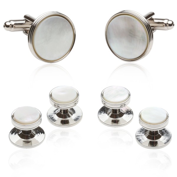Mother of Pearl Cufflinks and Studs Tuxedo Set White Silver