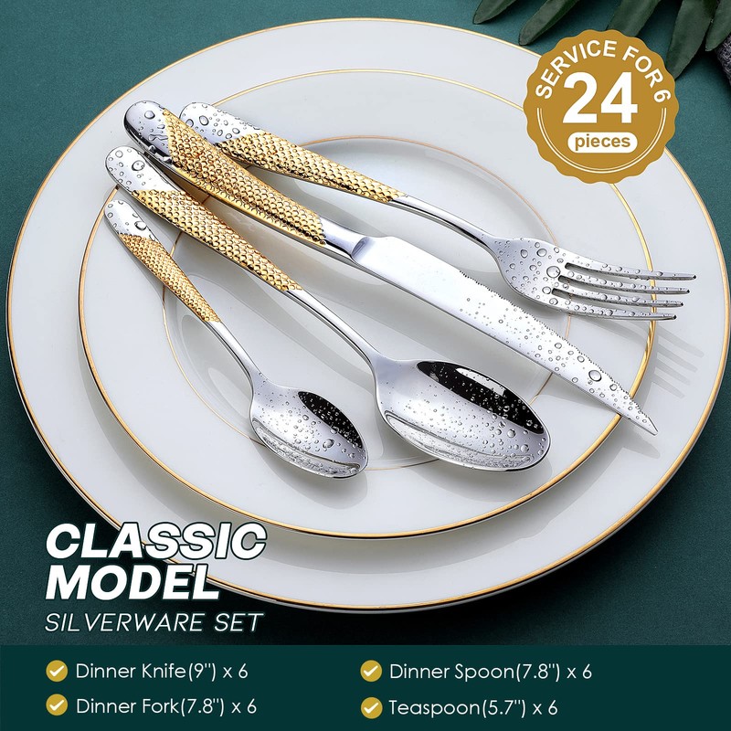 Hammered Silver Gold Silverware Set, OGORI 24-Piece 18/10 Stainless Steel