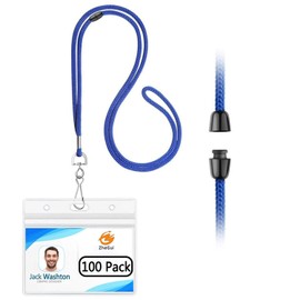 Name Tags Lanyard and Clear Plastic Horizontal Name Badge Holder Breakaway Safety Lanyards with ID Holders (100 Pack, Royal Blue)