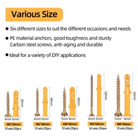90pcs Wall Plugs and Screws Set, 5 Different Sizes of M8/M6 Plastic Wall Plugs with Masonry Screws Kit for Brick, Concrete, Drywall, 45 Self Tapping Screws & 45 Expansion Plug Anchor Bolts with Box
