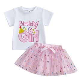Kayotuas Toddler Baby Girl Birthday Outfit Birthday Girl T Shirt Tutu Tulle Skirt Set Kids Birthday Dresses Clothes for Girls (Pink Colorful Tutu, 2-3T)