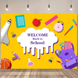 CGXINS 7 * 5FT Yellow Welcome Back to School Themed Backdrops for Photoshoot Slime Cloud First Day of School Classroom Party Banner Cute Cartoon School Supplies Space Shuttle Decoration Background