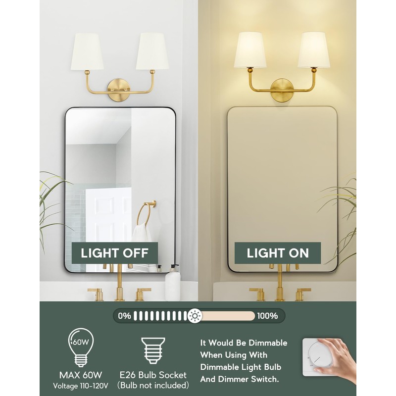 METWET 2 Light Bathroom Light Fixtures, Brushed Gold Vanity Lights,