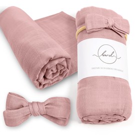 Baby Want Designs Neutral Swaddles for Newborns & Bow — 47x47 Inches 70% Viscose Derived from Bamboo & 30% Organic Cotton Swaddle Blankets — Premium Newborn Swaddle Set Girls (Dusty Rose)