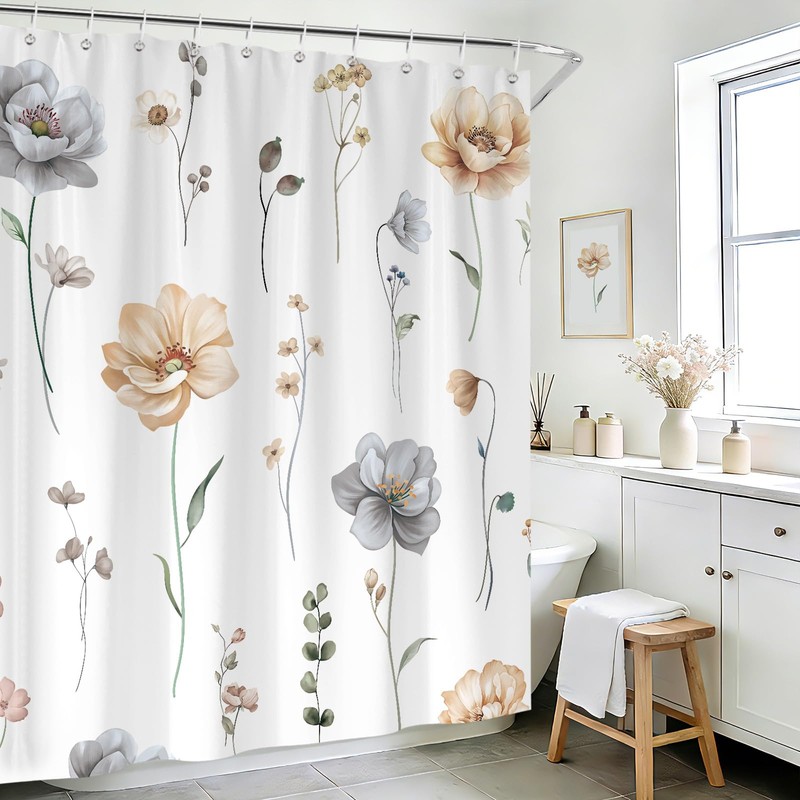 Spring Watercolor Beige Gray Floral Shower Curtain 72X72Inch