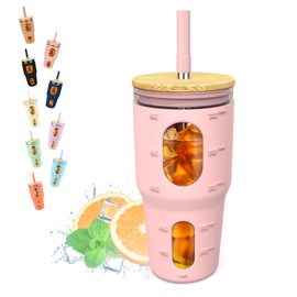 Tronco 32 Oz Tumbler with Straw and Lid, Reusable Drinking Glass Cup with Time Marker, Silicone Sleeve, Fits Cup Holder and Without BPA for Smoothie, Tea, Iced Coffee (Pink)